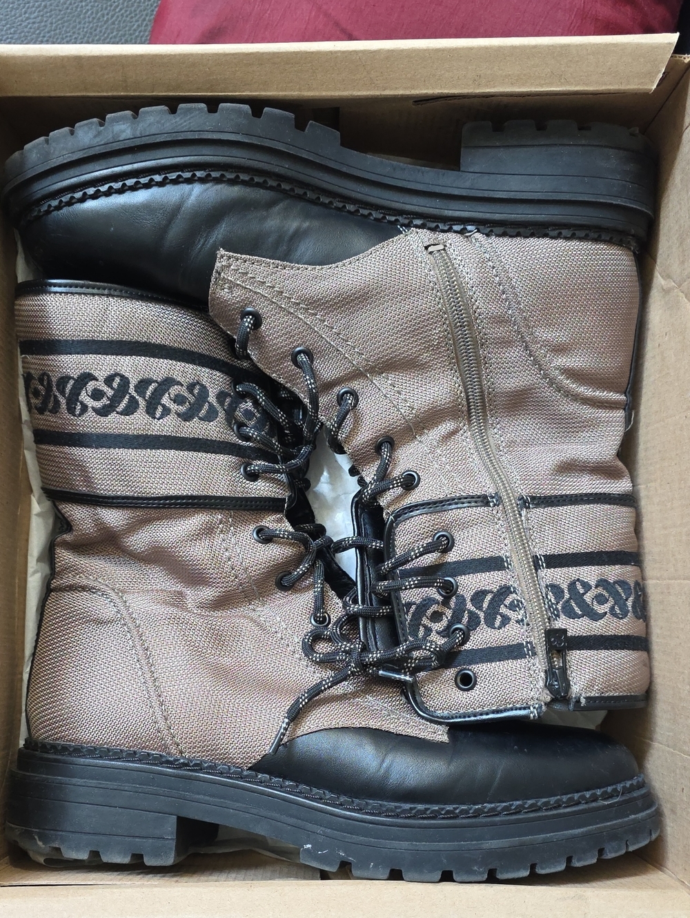 Sam & Libby Khaki-Black Lace-Up Combat Boots, Embroidered - Picture 11 of 12